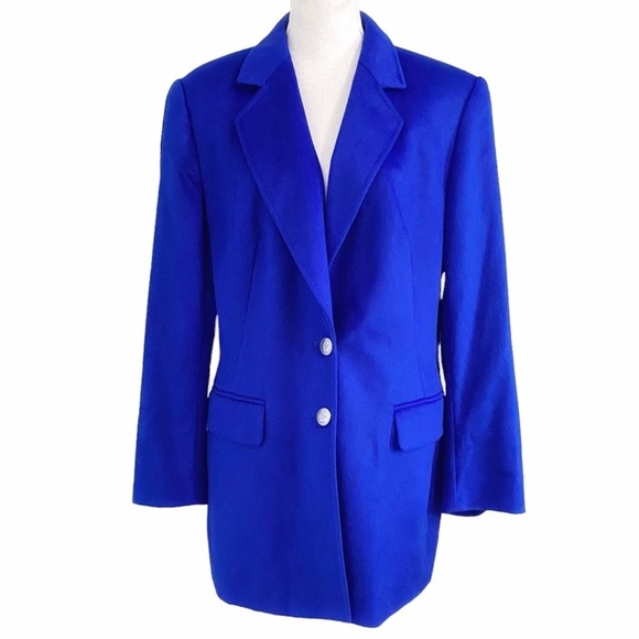 ESCADA MARGARETHA LEY VINTAGE RABBIT NEW WOOL ROYAL BLUE LONG BLAZER JACKET - L - Picture 1 of 10